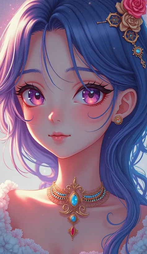 a close up of a woman with colorful hair and a necklace, anime girl with cosmic hair, rossdraws pastel vibrant, artwork in the style of guweiz, fantasy art style, colorful]”, vibrant fantasy style, rossdraws cartoon vibrant, cosmic and colorful, guweiz, co...