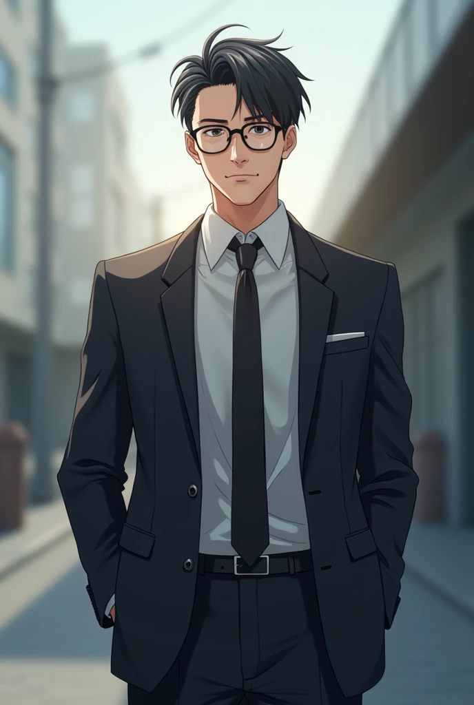 A   smart with glasses man standing . Anime oic look realistic and from far