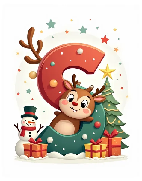  adorable Christmas reindeer hugging letter S, with lots of Christmas details around ,  snowman , snowflakes, gifts, Christmas tree.
Depthless flat vector look , white background.