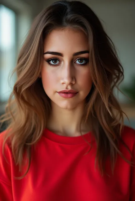 This is a woman looking at the camera in a red sports sweatshirt with brown hair.