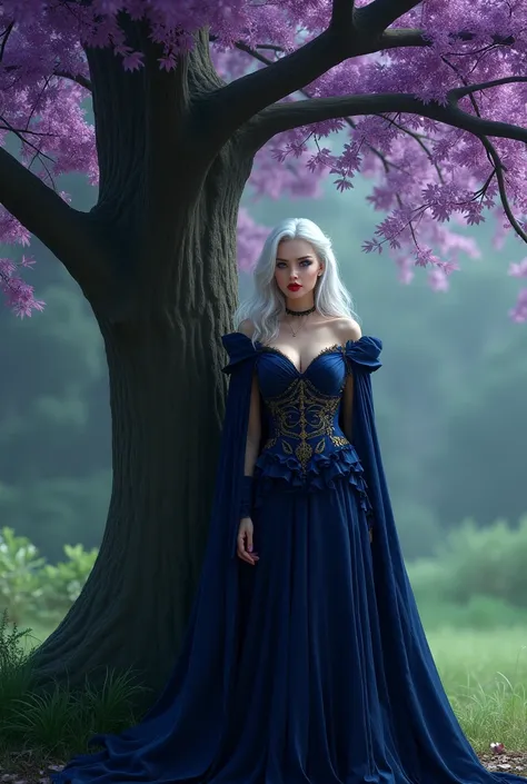 A beautiful sexy women with pure toxic with gold on ,white hair,in dark blue Cape dress,model pose, Blue eyes ,  biggest boobs,under a big purple Barrys tree, realistic photo, showing her boobs ,big body,trees around , setting lying on 