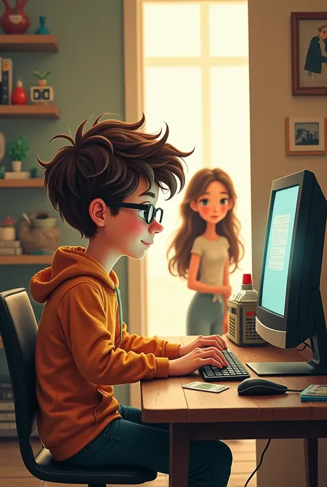 Make me an artistic illustration of a cute nerdy boy on a computer and a cute girl looking at him in the distance