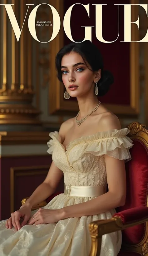 Capture a regal and sophisticated British royal theme for the VOGUE cover. Position the model in a classic, elegant pose, with a slight tilt of the head, exuding grace and poise. The shot angle should be slightly elevated, framing the model from the waist ...