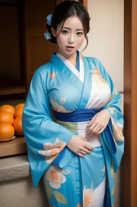 kimono lightblue, big breasts, whole body,look at viewer, oranges object in mouth,