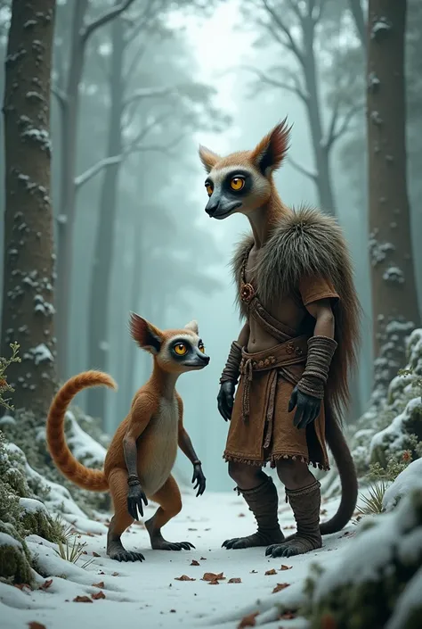 Viking human lemur :  A hybrid with a long tail ,  expressive eyes and a thin human torso .  wears a light leather garment with tribal details. next to, a Viking man with a small and fast axe. scenario:  a rainforest with tall trees and snow .