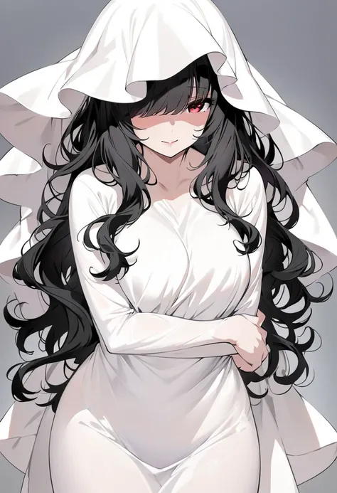 Ghost girl. High quality. Cute girl, beautiful body, smiling, seductive, white dress hugging her body, black hair, thick layered hair, hair covering most of her face, hair covering her eyes, gentle red eyes. standing            