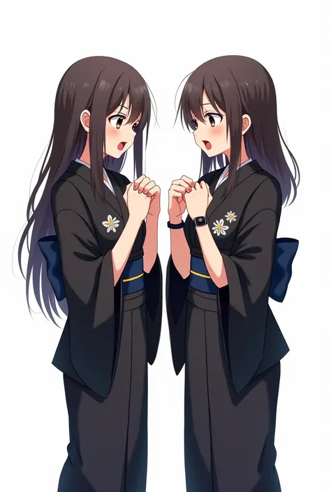 Anime sisters with black yukata with worried flowers and with a white background and a full body and with pink nails and a black watch with their fists on their chests both hands with emotion of nervousness and with an expression of concern and a feeling o...