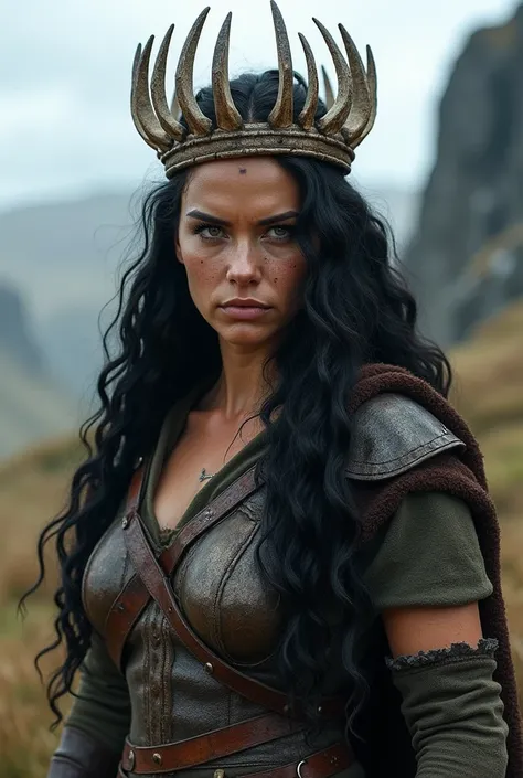 Picture of a viking woman warrior in her twenties with long curly black hair and hazel eyes, wearing a crown made of bones