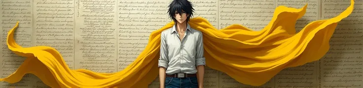 ISHOWSPEED, best quality, Death Note anime L character, yellow cloth, background writing mrceon, unique image, 