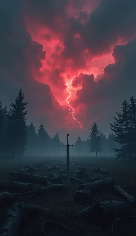 The highest quality battlefield at night. Countless felled trees lie scattered, smoke drifts through the air, and a single sword is thrust into the ground. In the sky, red and black thunderclouds swirl, emanating a sense of ominous energy.