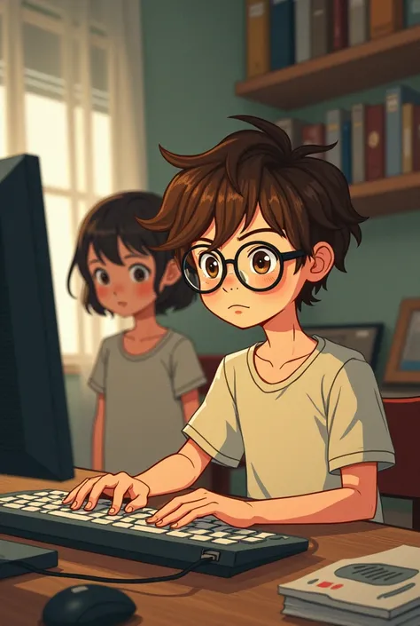 Make me an artistic illustration of a cute nerdy boy on a computer and a cute girl looking at him in the distance. That the illustration is an old adult anime type 