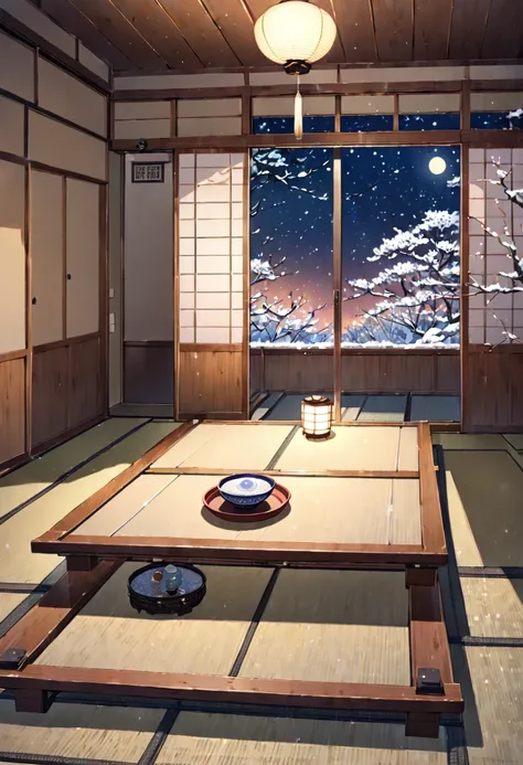 scenery, inside room, ryokan, tatami room, a table in the room, one light on the ceiling, fantastic night sky with a moon outside, snow outside, lamp in the corner of the room, shoji, hanging scroll, warm colors, not too bright