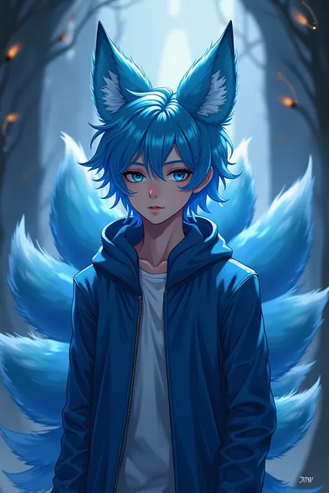 A teen boy with blue fox ears and 9 tails.make sure that the teen boy where blue jacket and brown wavy side part