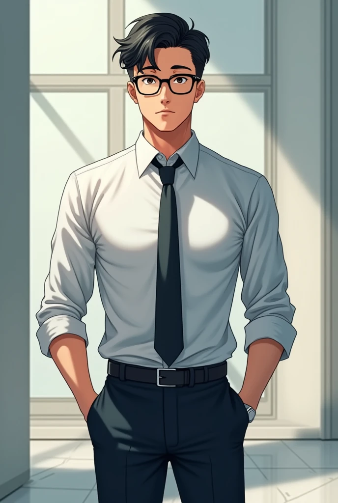 A   smart with black glasses man standing  anime  pic look realistic and full body 