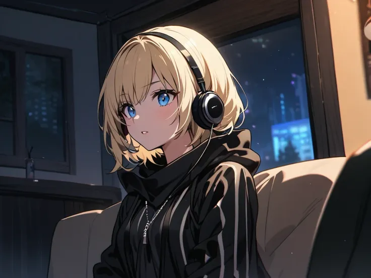 Beautiful girl with short blonde hair. blue eyes . Dressed in thieves clothes .Staying at home at night . Wearing headphones.
