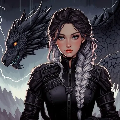 

 The image presents a close-up of a young woman with a long gray and white braid that contrasts with her dark hair.  She wears black armor and is represented next to a threatening black dragon ,  with a dark and stormy background that suggests a dramatic...