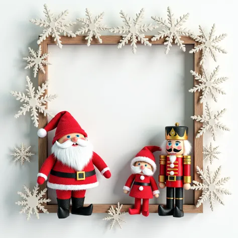 On a white background, a frame of Christmas toys and shiny snowflakes