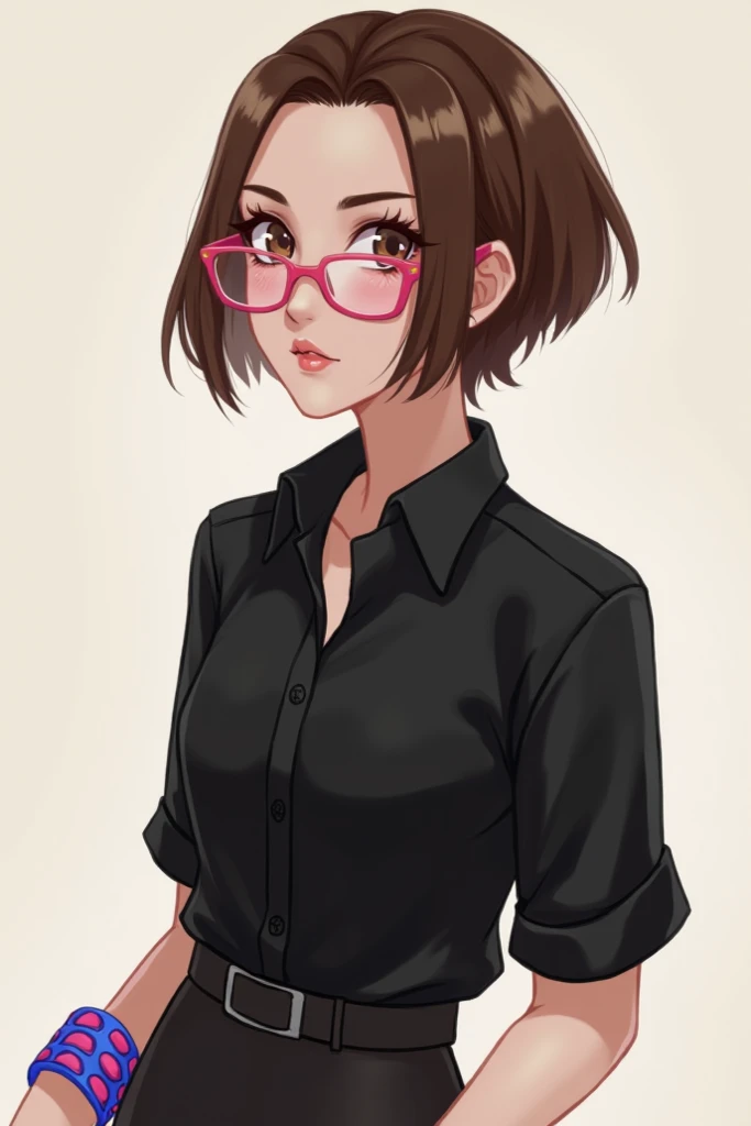 I want a character with short brown hair, pink glasses with a black blouse, blue and pink bracelet and black sneakers and light brown eyes.