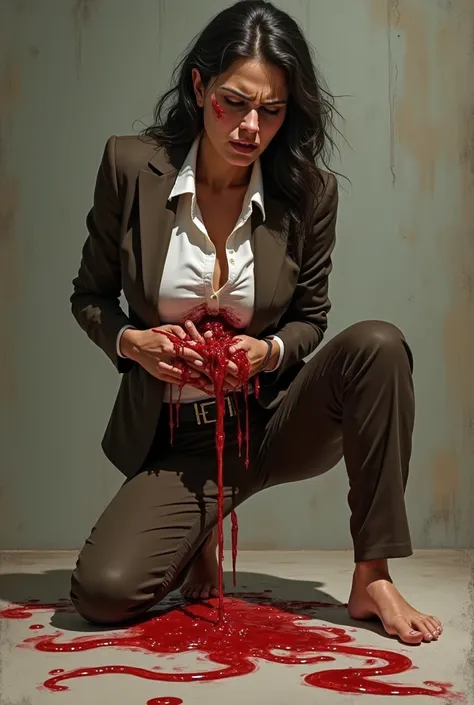  business woman brown suit , unbuttoned suit , white shirt TUCKED in pants and black belt is stomach stabbed at working , her intestines are hanging out of her belly, intestines are touching the floor , she is clutching her intestines , tightly holding ont...