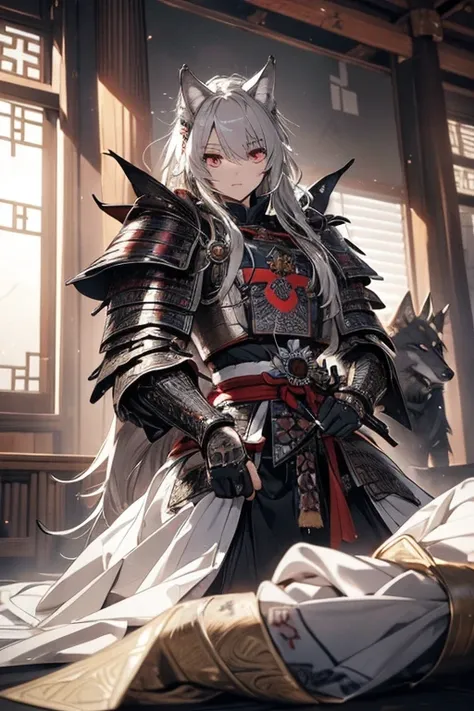 (  The greatest masterpiece of  ).((Wolf Knight)).  super detailed、Fine Armor,     intricate designs created with this image in mind, Silver, silk,8k, sharp、  watch viewers  、red eyes、 was made with this image in mind  、 (( samurai armor:1.3))