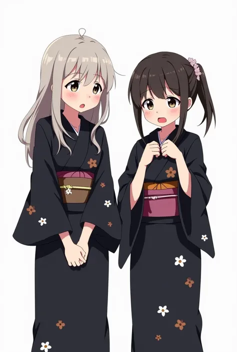 Anime sisters with black yukata with worried flowers and with a white background and a full body and with pink nails and a black watch with their fists on their chests both hands with emotion of nervousness and with an expression of concern and a feeling o...