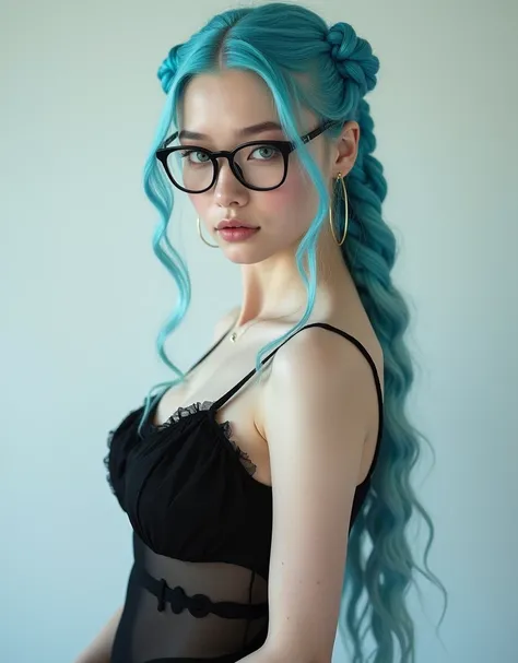 Professional photo of a Model 20yo albino skin Korean woman, blue-petrol box braids in hair, Big butts, breasts big, bright aqua-blue eyes potato nose. Nerd glasses, She wears a transparent black dress.