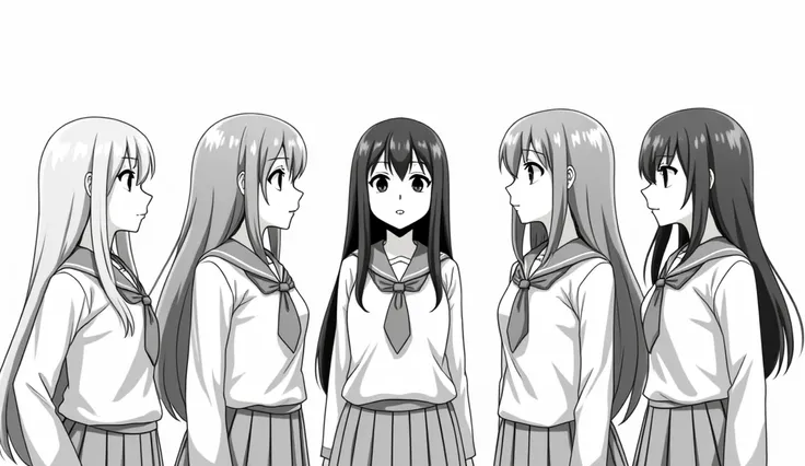 일본풍 2D illustration. .  high school students. All 5 are girls, and there are 5 students standing at the same school who appear to be mature .  The students are all staring at one side .  The students are talking with their mouths open. There is a gap betwe...