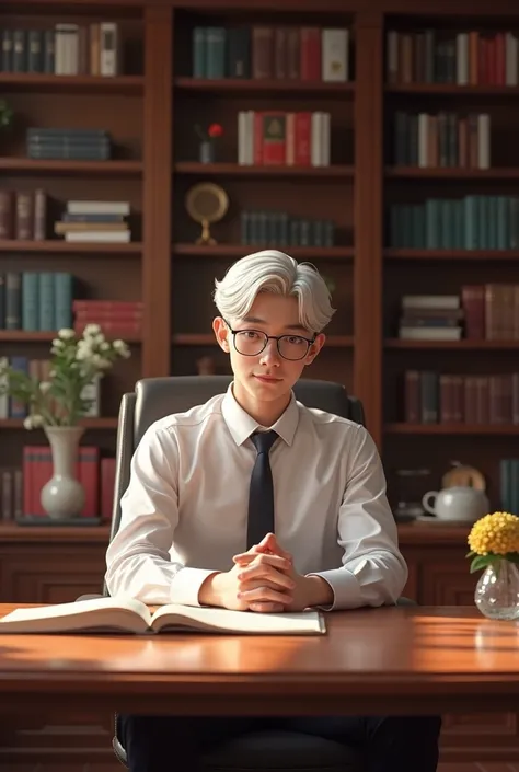 In the office of the president of the company, a young man with short white hair in glasses was sitting.