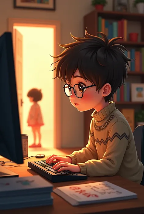 Make me an artistic illustration of a cute nerdy boy on a computer and a cute girl looking at him in the distance.  Let the illustration be a realistic anime type, like the drawings by Hayao Miyazaki .