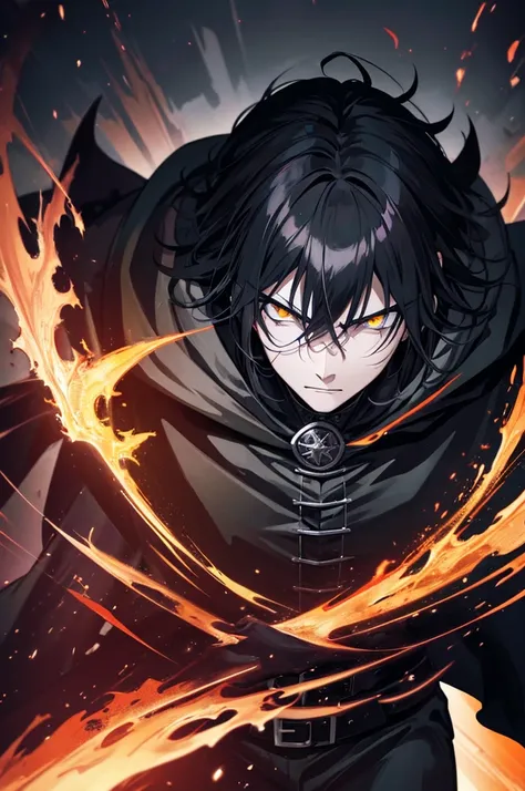 a man in a black cloak with golden eyes, extremely detailed facial features, fighting a demonic creature, night city background, fierce eyes and powerful aura, anime style, cinematic lighting, dramatic atmosphere, dynamic composition, vivid colors, high re...