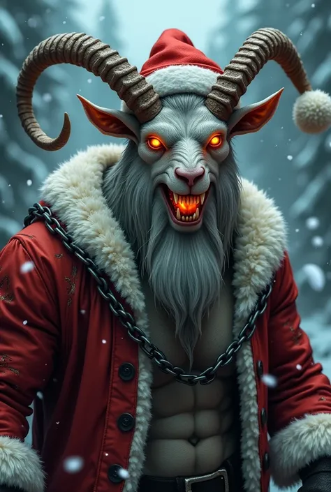 Old muscular anthro male goat, goat antlers, medium length grey beard, glowing flaming eyes, malicious drooling grin, pale red santa hat, torn red santa coat, rustic chains around arms, spooky winter atmosphere, detail, photorealistic, horror fantasy anime...