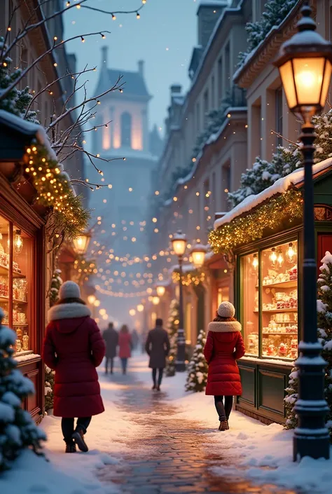 Candy stores decorated for Christmas with snow vintage lamps in. Paris 