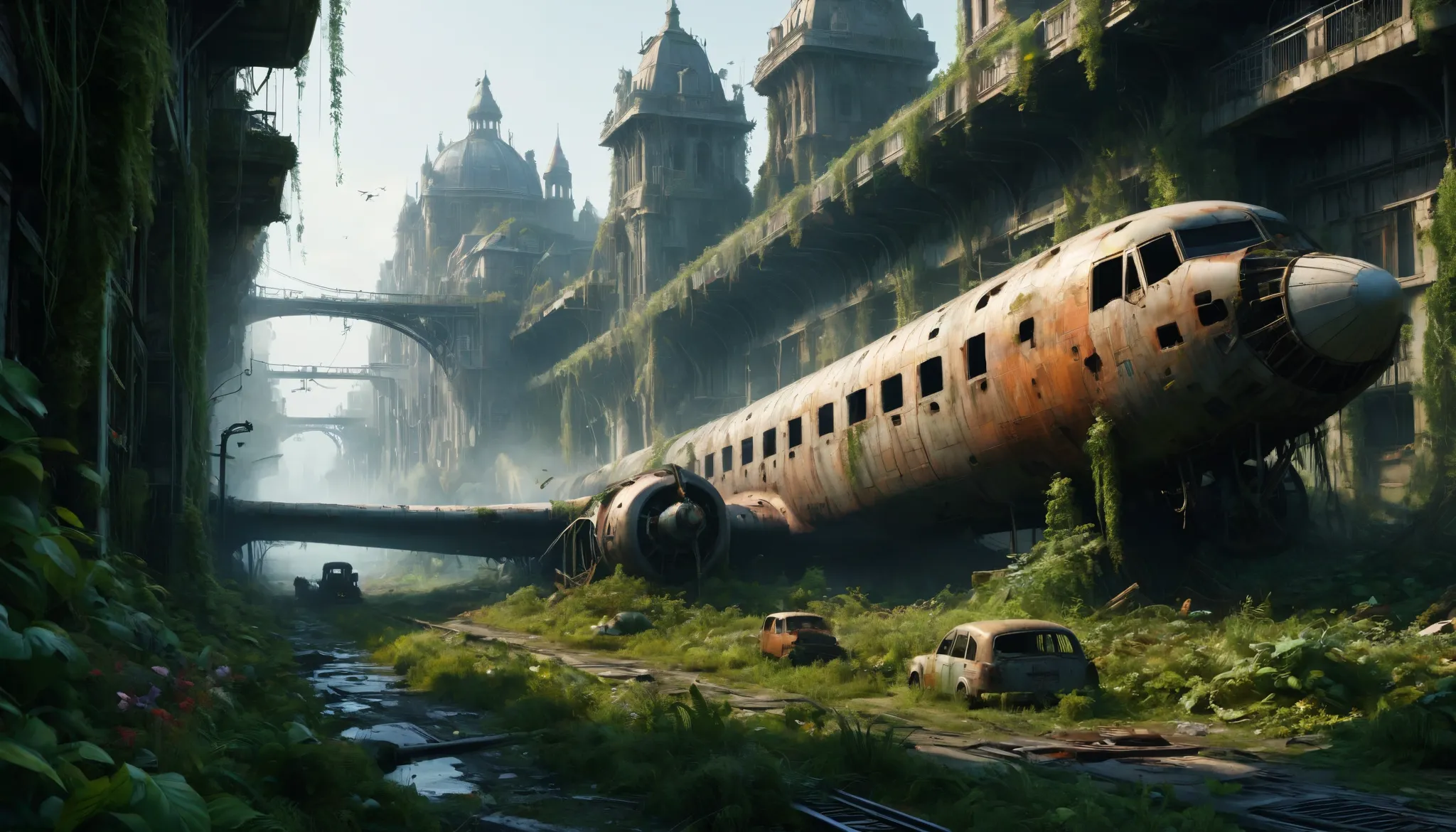 "create a 3d animation of an abandoned metropolis (2022) in the style of jakub rozalski
* rusty airplane, overgrown with moss, s...