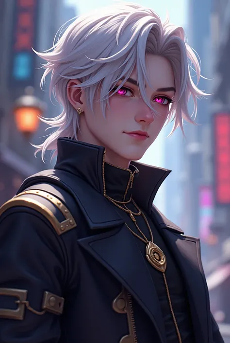 ((best quality)) League of legends character from piltover. Male. 18 years old. Platinum blonde. Long hair. Pinkish eyes. Slim body. Delicate facial features 