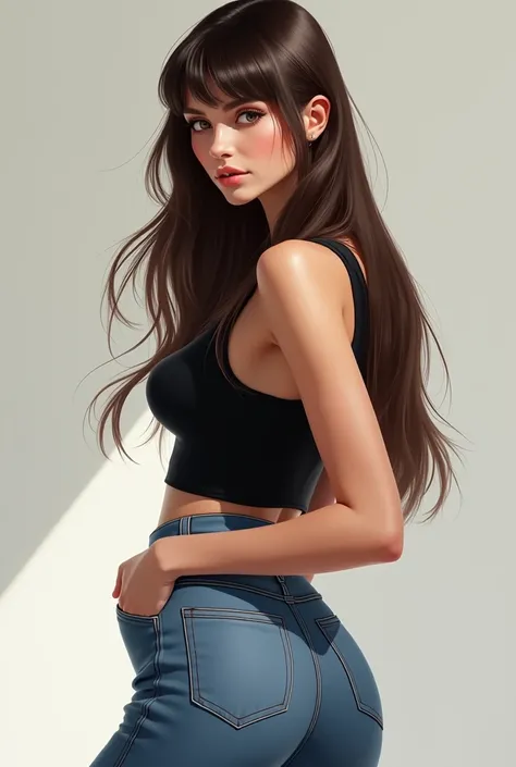 Female character with long brown hair with a fringe straight hair light hair wearing jeans with a sleeveless black blouse