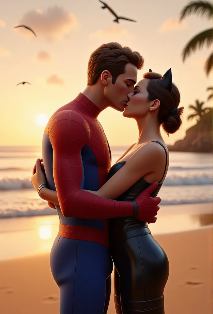 spiderman and catwoman kiss on beach