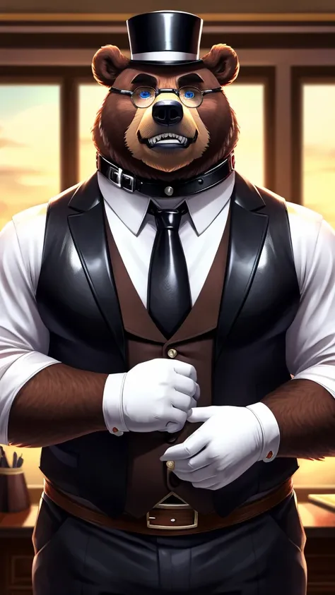 Solo, Male, fat, extremely obese, gentleman, dapper Professor Beartic, blue eyes, (posing:1.3), (soft shading), 4k, hi res, ((detailed face, detailed)), looking at viewer, mouth wide open, steampunk, dapper clothing, collared shirt with buttons, top hat, c...