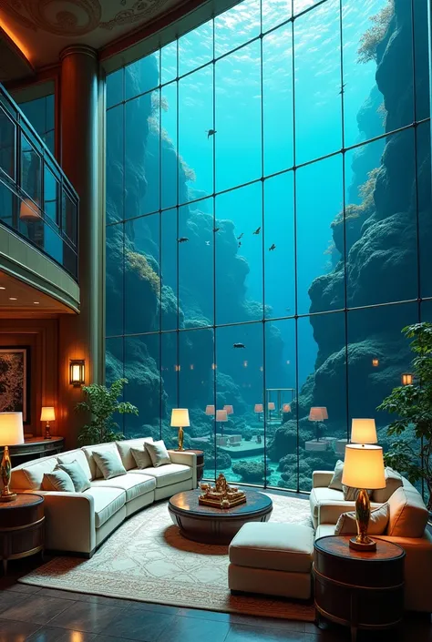 I want you to create an image of a large living room on a cruise ship with glass windows under the water. I want to see the interior.