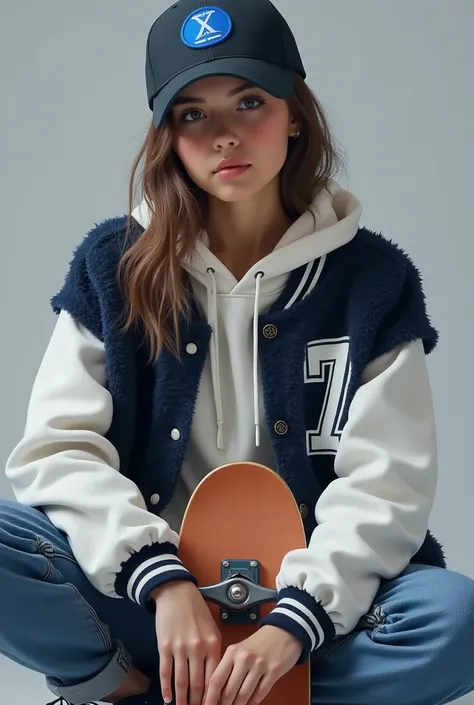 " A teenage woman in a casual style wearing a dark blue fluffy varsity jacket with white accents, white hoodie ,  and a bright black baseball cap with a blue round symbol in front of it .  He is sitting casually while holding a skateboard with bright green...