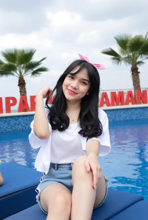 a young Asian woman with long dark brown hair, wearing a white t-shirt and a white short-sleeved blouse, is seated on a blue couch. She is wearing a pair of blue shorts with a white stripe down the side. Her left hand is resting on the armrest of the couch...