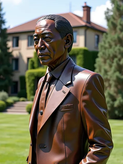 Painted stainless steel and corten steel sculpture of Satoshi Nakamoto in Lugano. Switzerland The backgrounds feature beautiful gardens and a 19th century mansion, drawn with crisp precision.