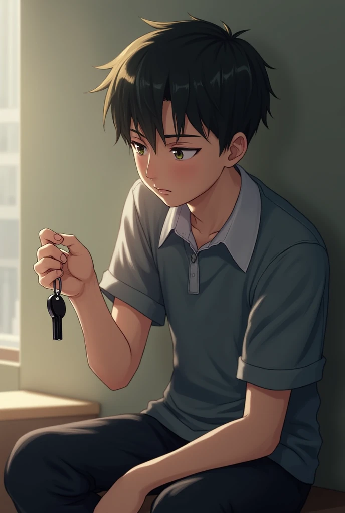 A young man,  with student uniform ,  hair with a white complexion is sitting, He has a keychain in his hand and thin black 