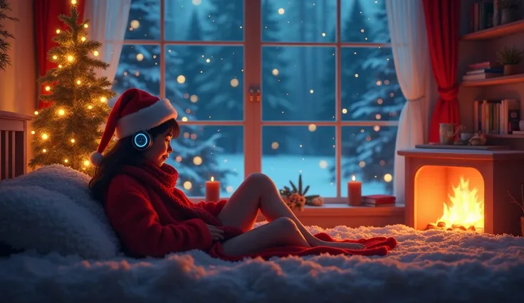 Lofi girl, Christmas snow fall beautiful night view, fire pit, Christmas tree, bedroom, a cute & a cute dog, red santa hat and scarf, wearing headphone, inside the house bedroom