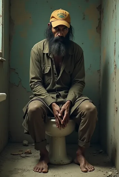 the tall and poor cap guy sitting on cumod toilet