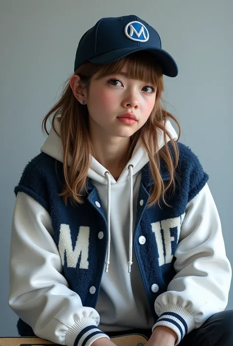 " A teenage woman in a casual style wearing a dark blue fluffy varsity jacket with white accents, white hoodie ,  and a bright black baseball cap with a blue round symbol in front of it .  He is sitting casually while holding a skateboard with bright green...