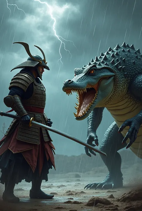 An intense standoff between a fierce samurai and an enraged crocodile, both in aggressive and combative postures. The samurai, clad in traditional armor, grips a katana with determination, while the crocodile bares its sharp teeth, standing on powerful leg...