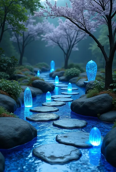 Design of walking space with dark blue stones and blue glass 