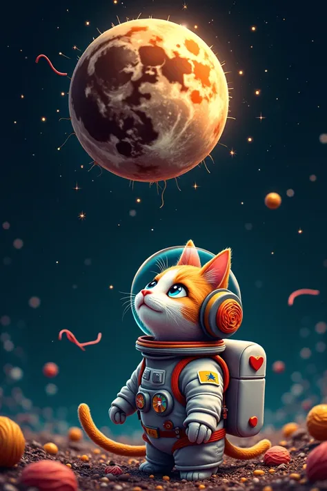 astronaut cat wanting to eat the moon made from colored thread roll with chocolate