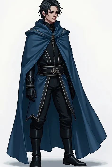 Make an image of Yahlian what you think he would be based on these stories, remember that he is 20 years old, make him with a neutral expression, a long blue robe with black details on the belts, the cloak covers his waist and part of his mouth, but he has...