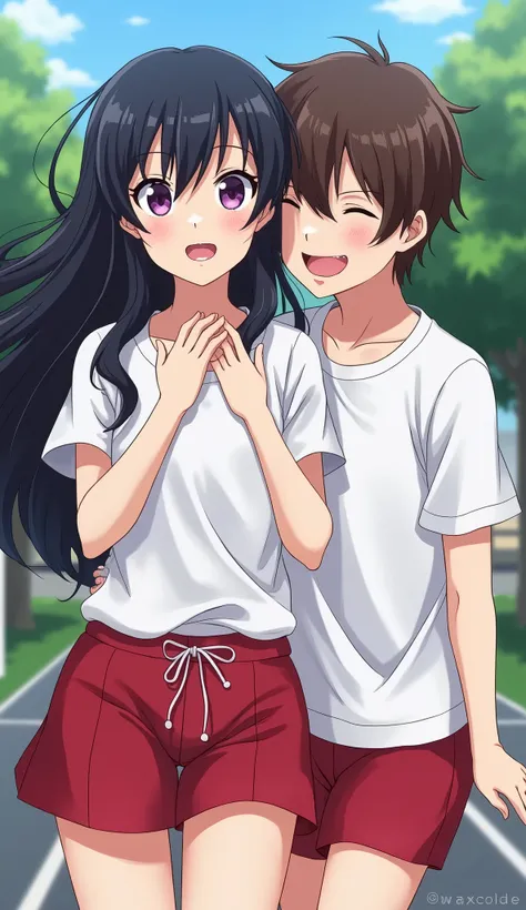 artist logo, 1girl, chitanda eru, oreki houtarou, red shorts, long hair, black hair, open mouth, bangs, shirt, purple eyes, short sleeves, gym uniform, ponytail, white shirt, shorts, looking at another, breasts, short hair, :o, looking at viewer, collarbon...